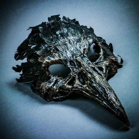 Brown Raven Skull Long Nose w/ Feather Party Mask - Picture 7 of 10